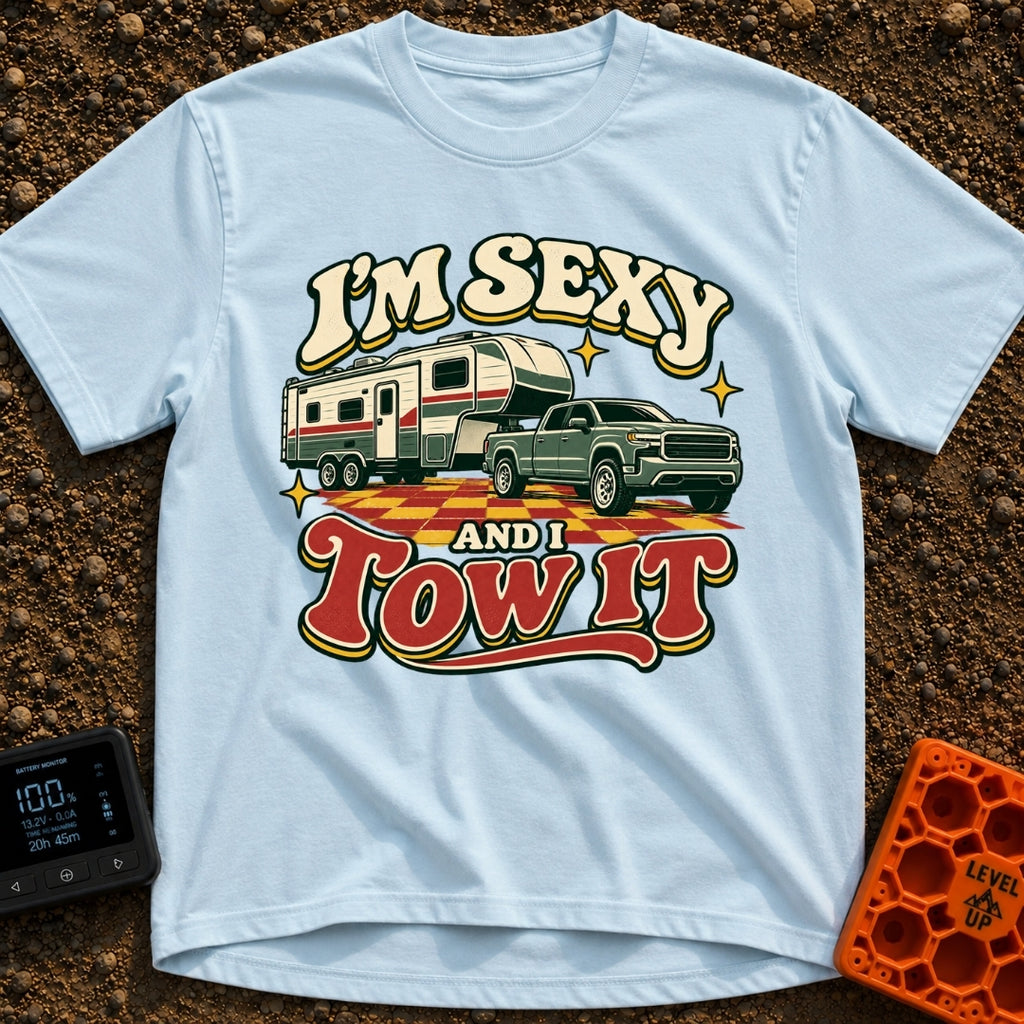Sexy And I Tow - T-Shirt in Chambray - A retro-style illustration of a green pickup truck towing a large fifth-wheel...