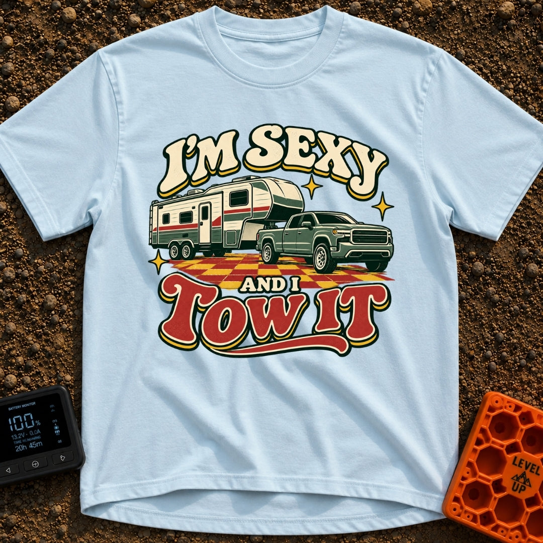 Sexy And I Tow - T-Shirt in Chambray - A retro-style illustration of a green pickup truck towing a large fifth-wheel...