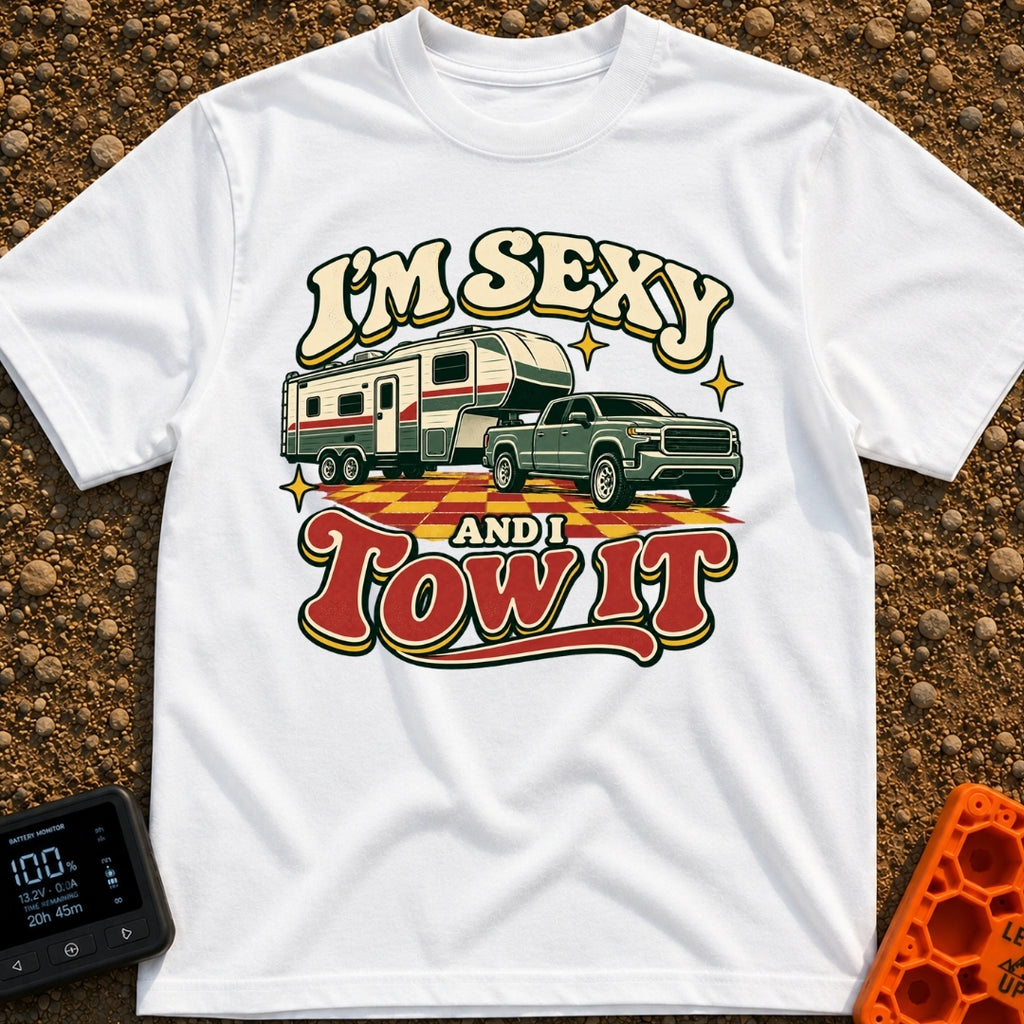 Sexy And I Tow - T-Shirt in White - A retro-style illustration of a green pickup truck towing a large fifth-wheel camper...