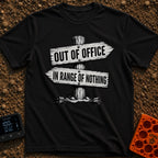 Happily Out Of Range - T-Shirt in Black - A black and white illustration of a wooden directional signpost with two arrows...
