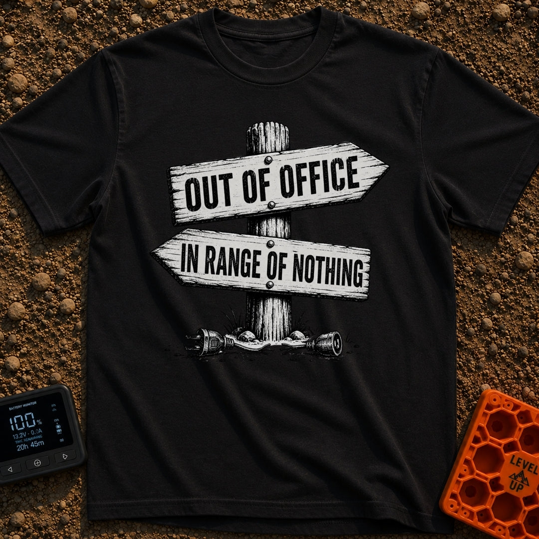 Happily Out Of Range - T-Shirt in Black - A black and white illustration of a wooden directional signpost with two arrows...