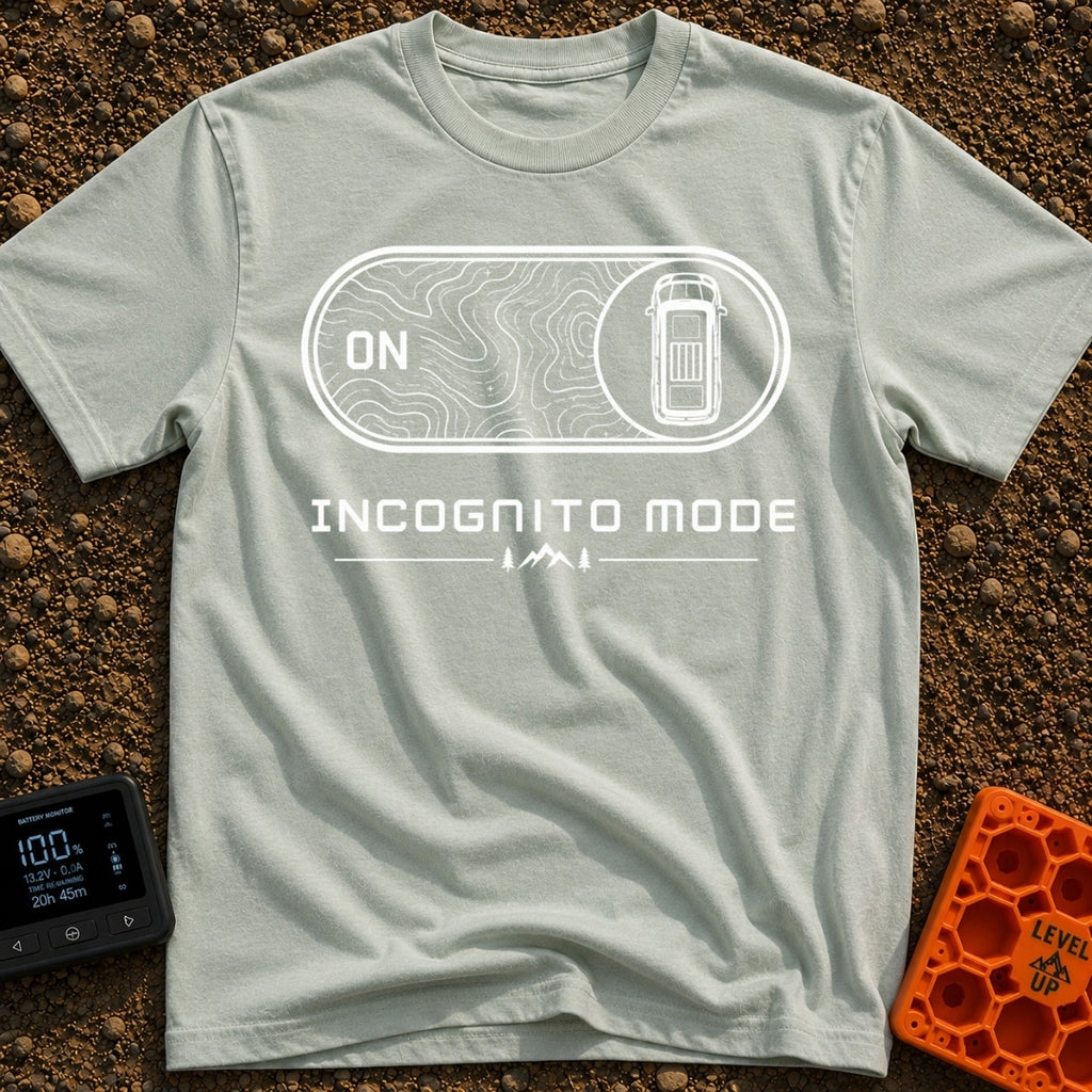 Vanishing Act Mode - T-Shirt in Bay - A black and white graphic showing a digital toggle switch flipped to the ON...