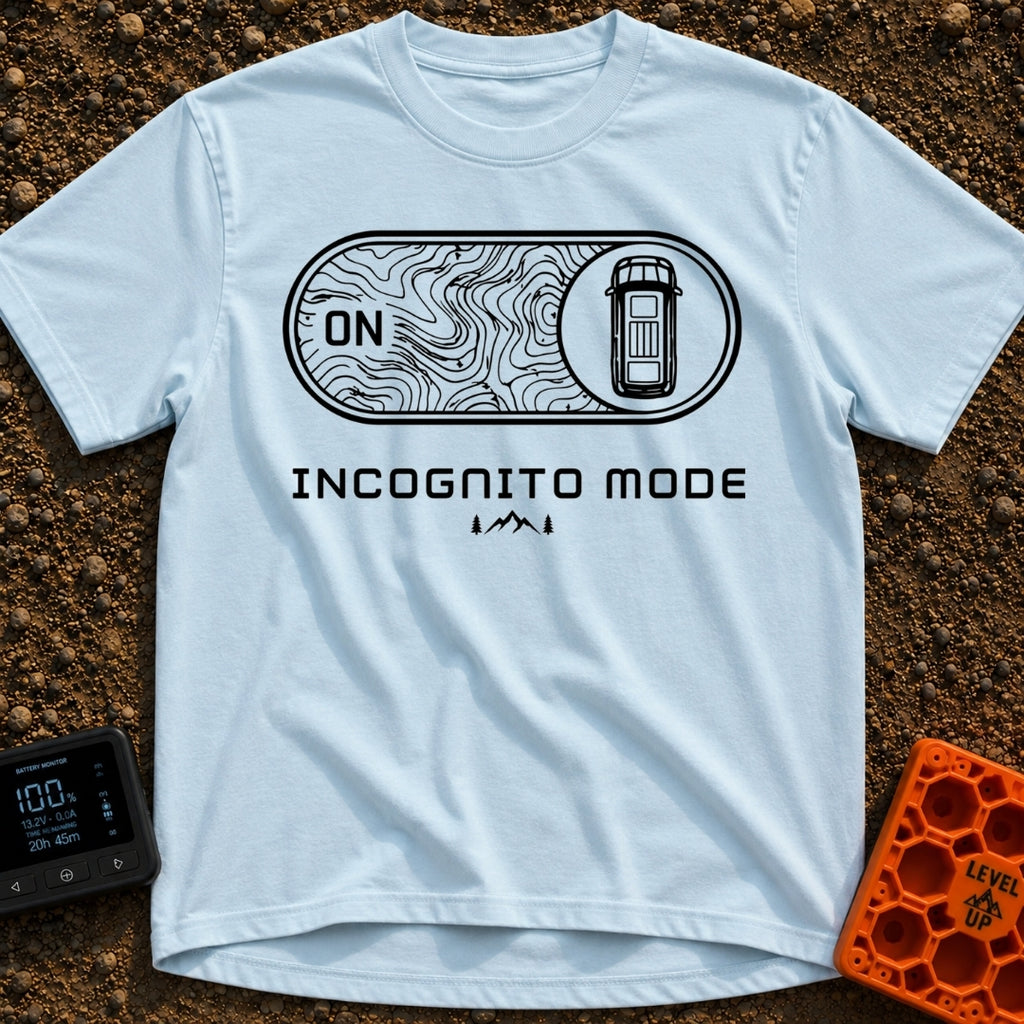 Vanishing Act Mode - T-Shirt in Chambray - A black and white graphic showing a digital toggle switch flipped to the ON...