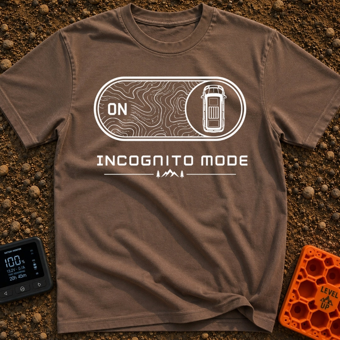 Vanishing Act Mode - T-Shirt in Espresso - A black and white graphic showing a digital toggle switch flipped to the ON...