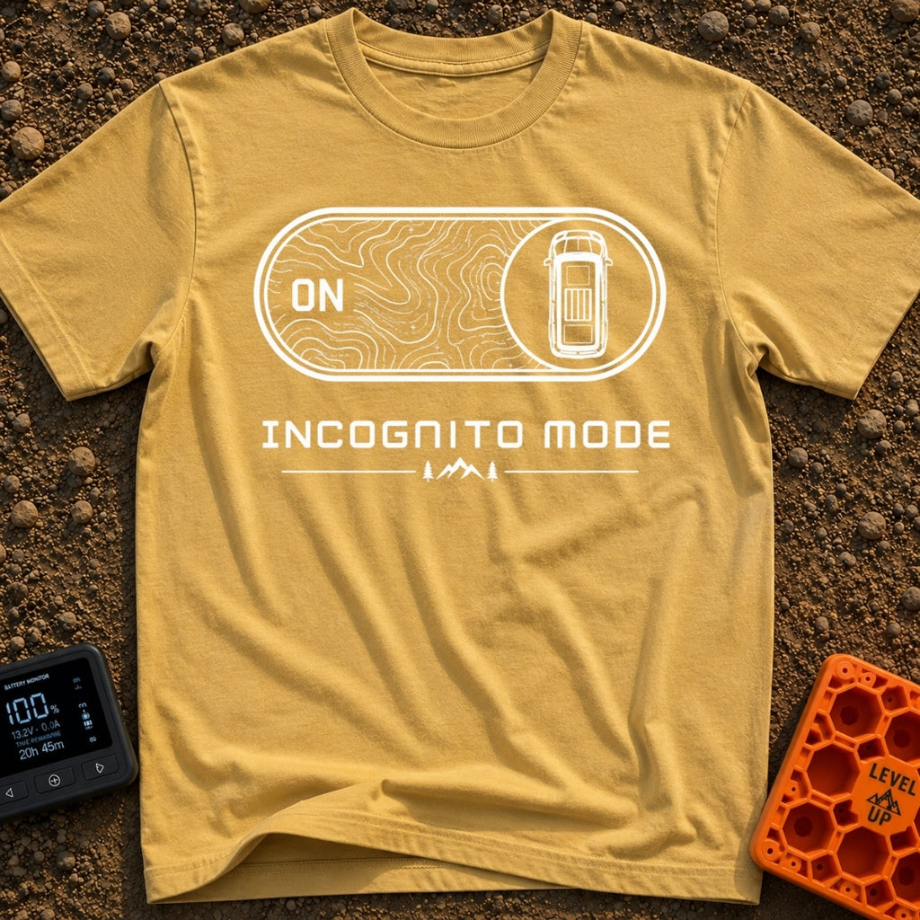 Vanishing Act Mode - T-Shirt in Mustard - A black and white graphic showing a digital toggle switch flipped to the ON...