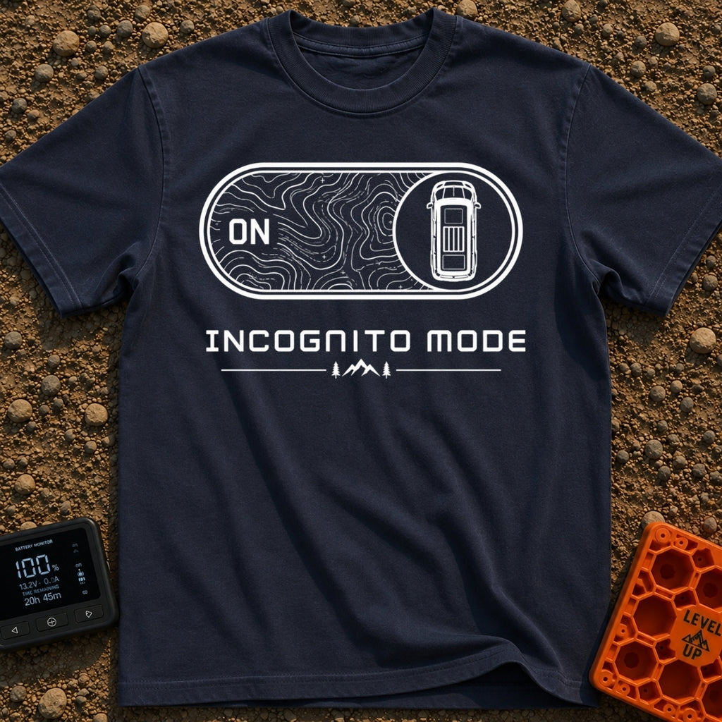 Vanishing Act Mode - T-Shirt in Navy - A black and white graphic showing a digital toggle switch flipped to the ON...