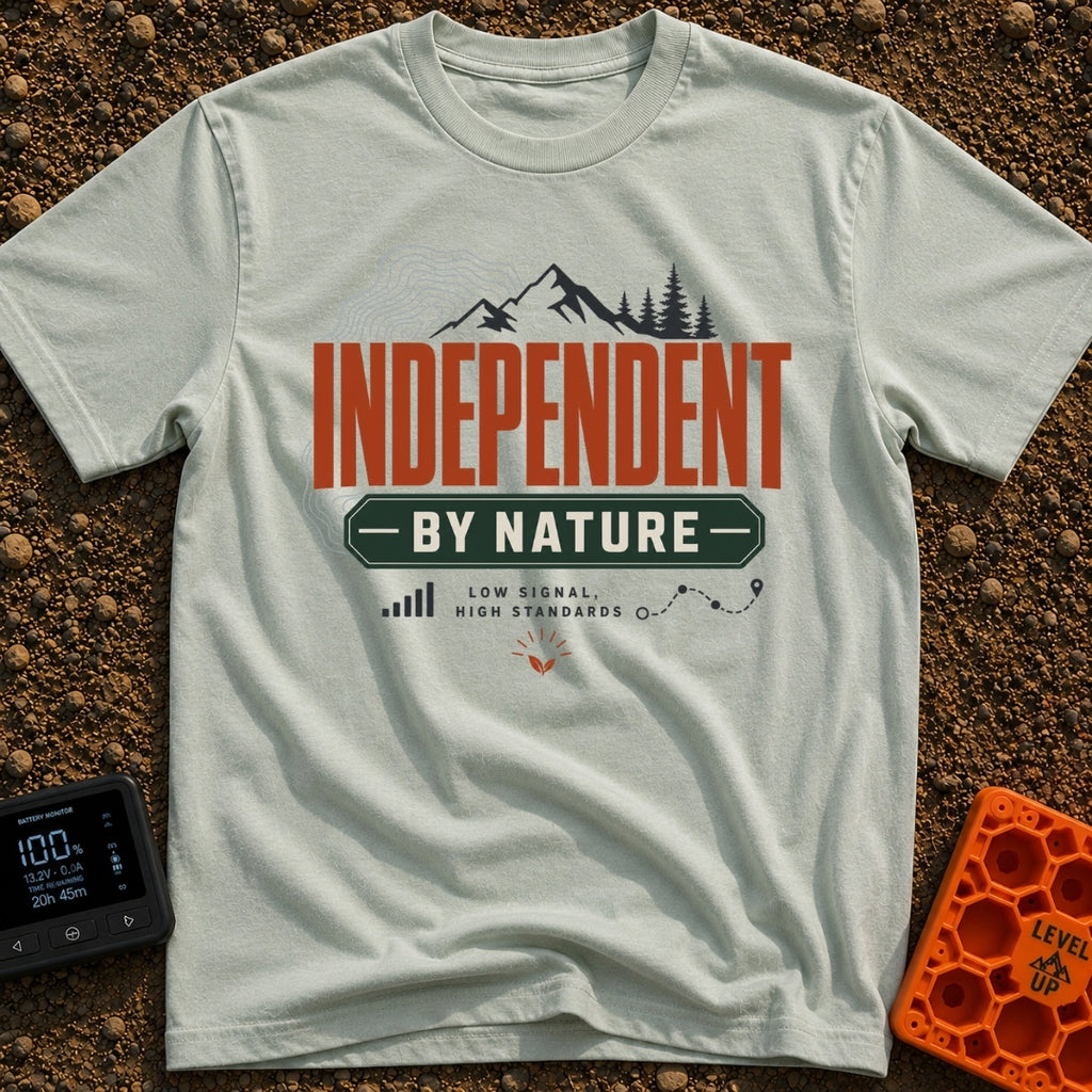 Independent By Nature - T-Shirt in Bay - A graphic design featuring mountain peaks, pine trees, and topographical map...