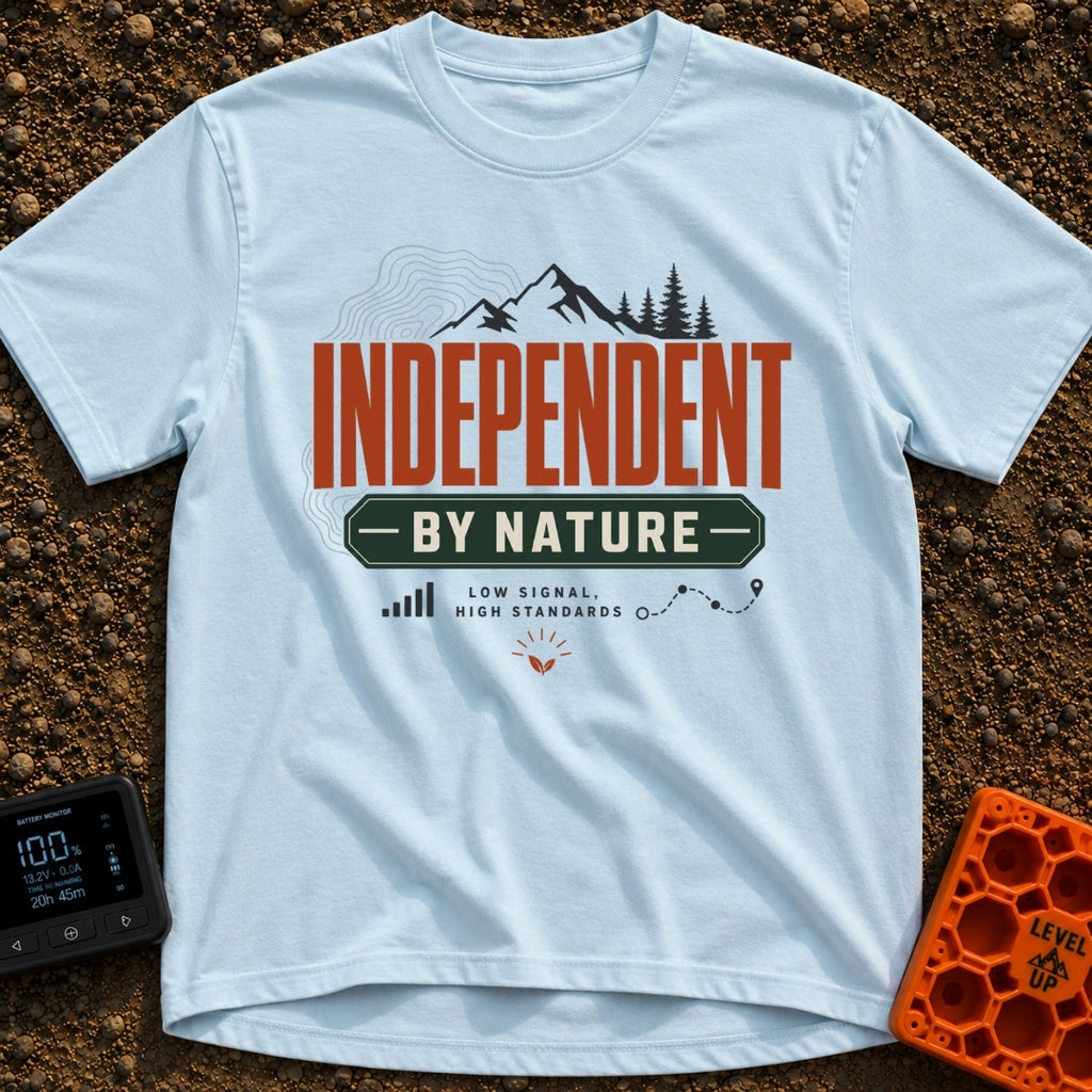 Independent By Nature - T-Shirt in Chambray - A graphic design featuring mountain peaks, pine trees, and topographical...