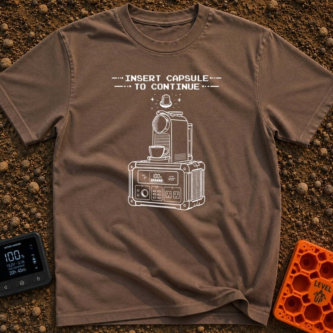 Insert Pod To Continue - T-Shirt in Espresso - A black and white illustration of a pod-style coffee maker sitting on top...