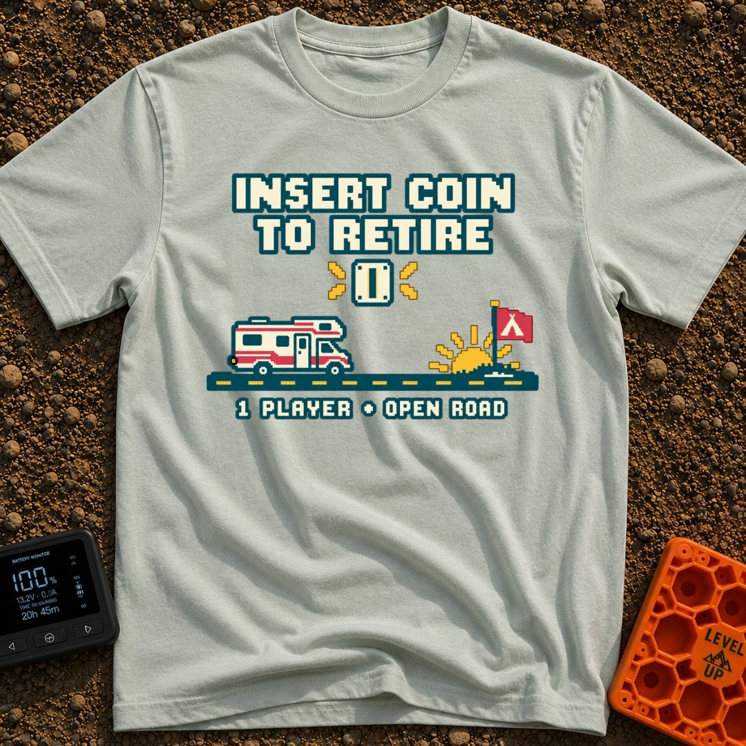 Insert Coin To Retire - T-Shirt in Bay - A retro 8-bit pixel art design showing a Class C RV driving on a dashed road...