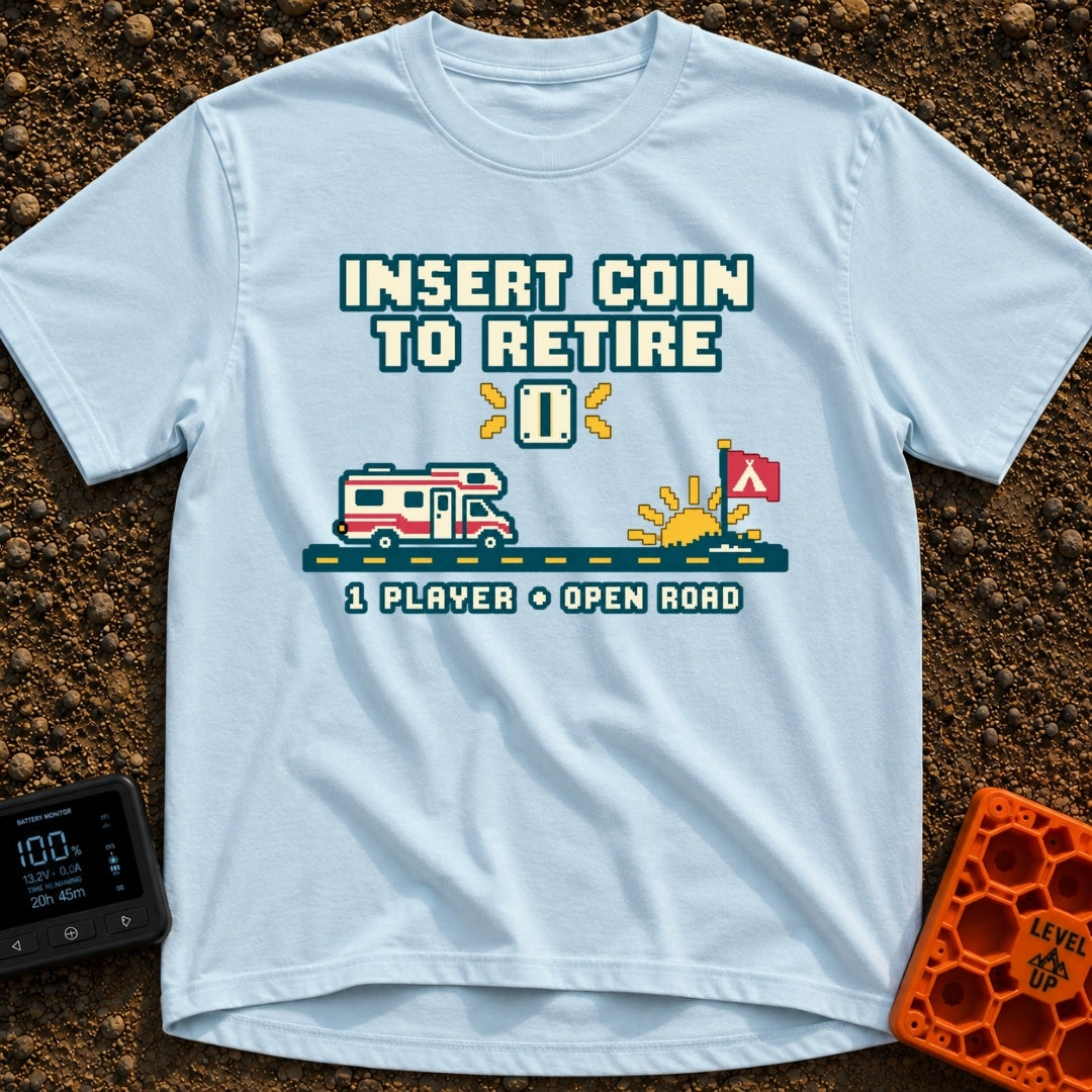 Insert Coin To Retire - T-Shirt in Chambray - A retro 8-bit pixel art design showing a Class C RV driving on a dashed...