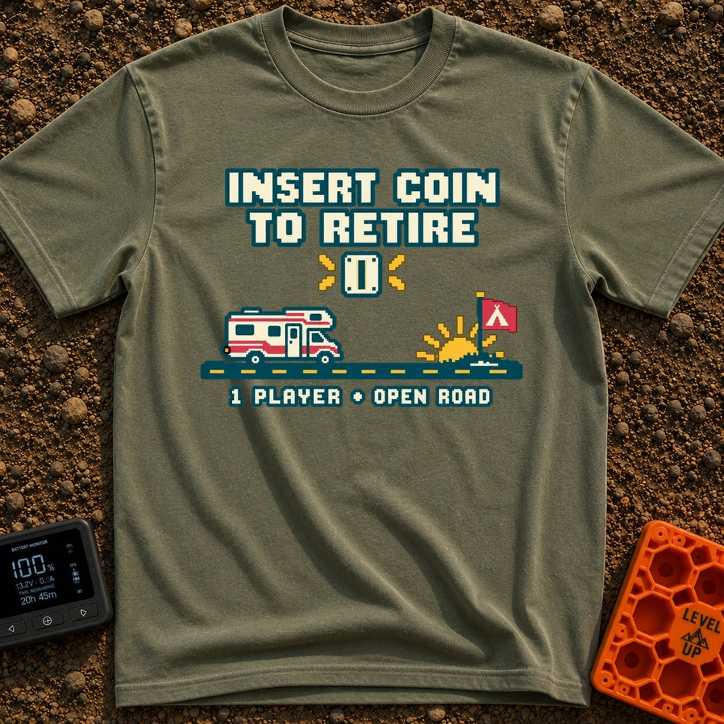 Insert Coin To Retire - T-Shirt in Moss - A retro 8-bit pixel art design showing a Class C RV driving on a dashed road...