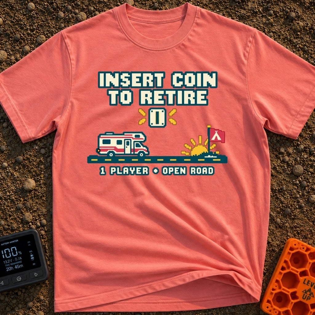 Insert Coin To Retire - T-Shirt in Watermelon - A retro 8-bit pixel art design showing a Class C RV driving on a dashed...