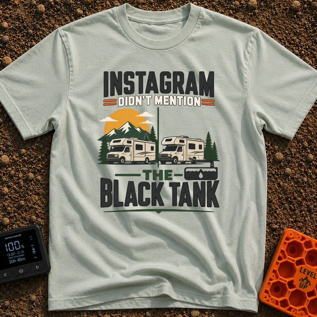 Instagram Vs Black Tank - T-Shirt in Bay - A split-screen illustration showing a Class C RV parked in front of scenic...