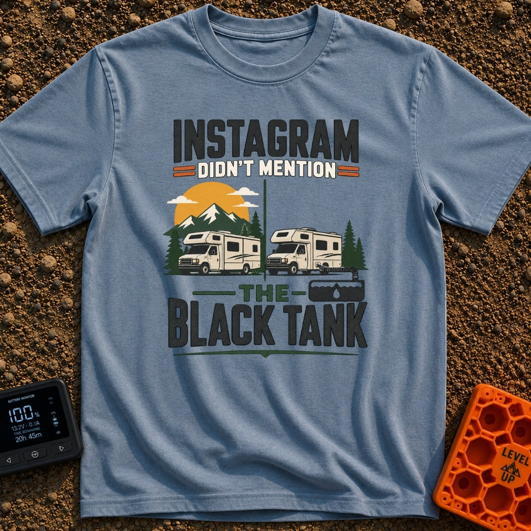 Instagram Vs Black Tank - T-Shirt in Blue Jean - A split-screen illustration showing a Class C RV parked in front of...