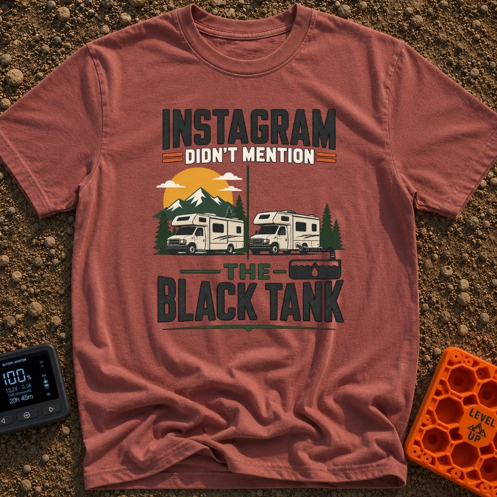 Instagram Vs Black Tank - T-Shirt in Brick - A split-screen illustration showing a Class C RV parked in front of scenic...