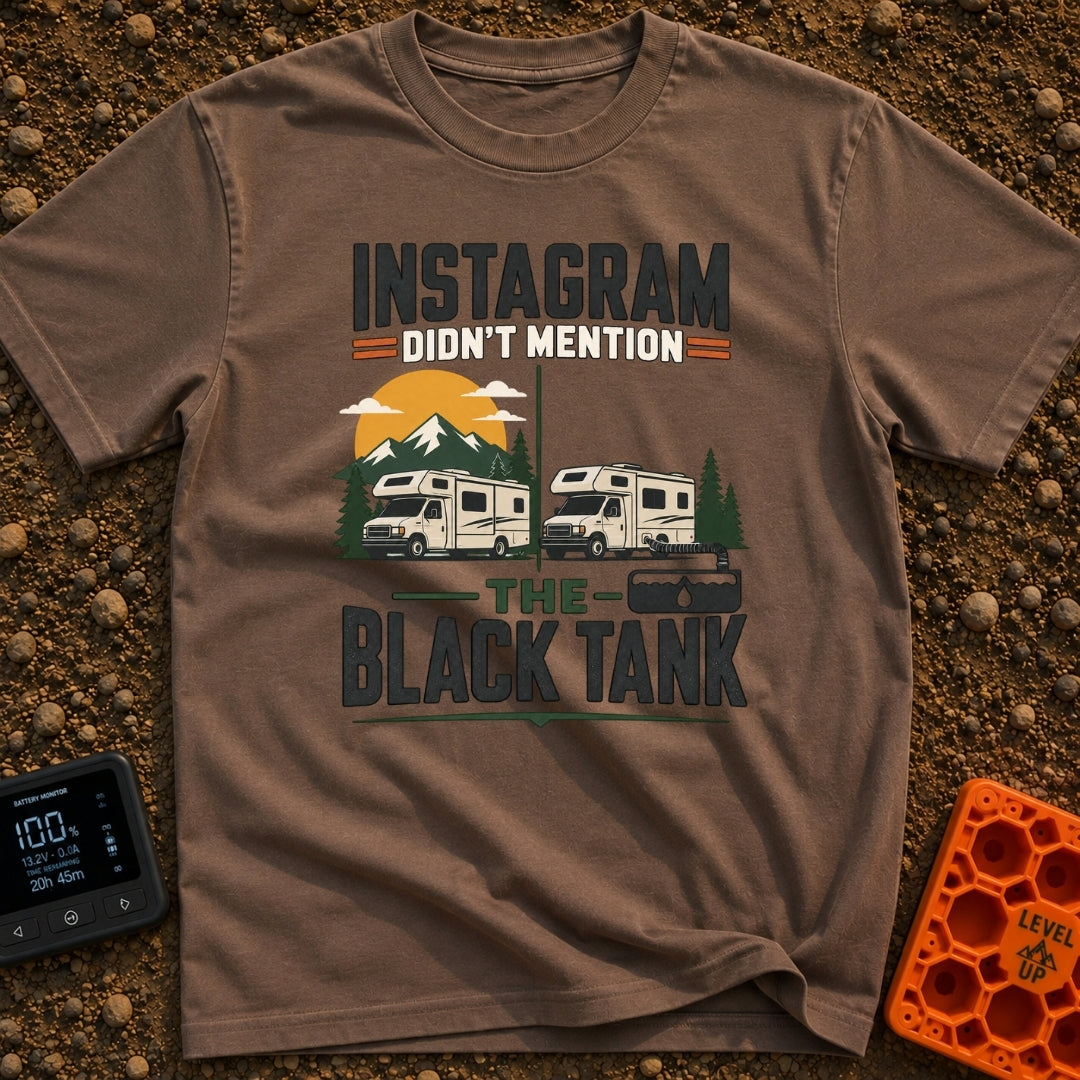 Instagram Vs Black Tank - T-Shirt in Espresso - A split-screen illustration showing a Class C RV parked in front of...