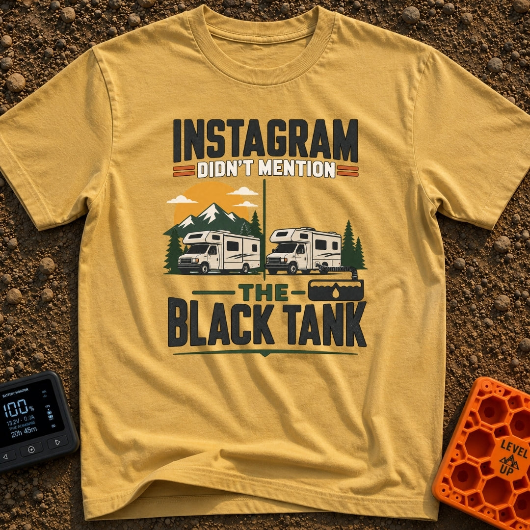 Instagram Vs Black Tank - T-Shirt in Mustard - A split-screen illustration showing a Class C RV parked in front of scenic...