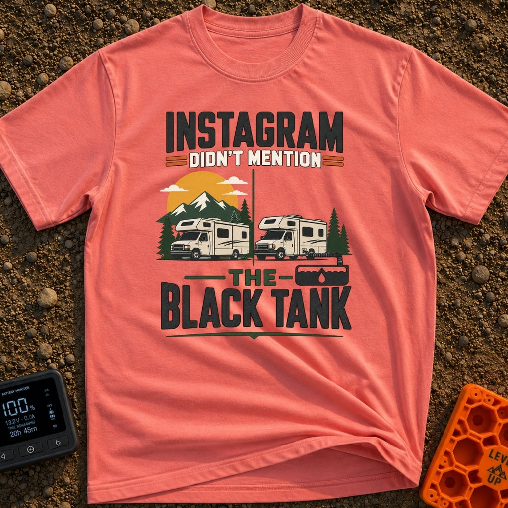 Instagram Vs Black Tank - T-Shirt in Watermelon - A split-screen illustration showing a Class C RV parked in front of...