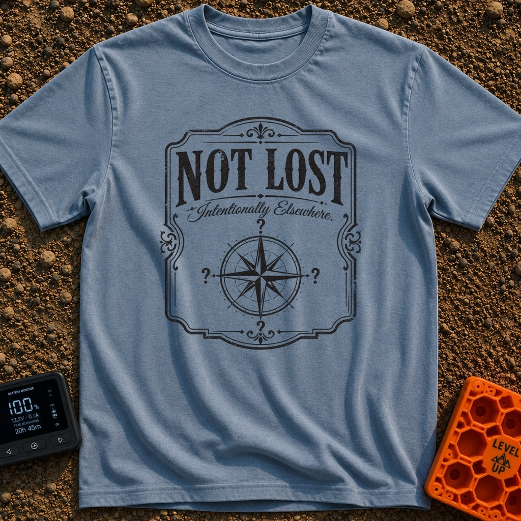 Elsewhere On Purpose - T-Shirt in Blue Jean - A black and white distressed graphic featuring an ornate border, with bold...