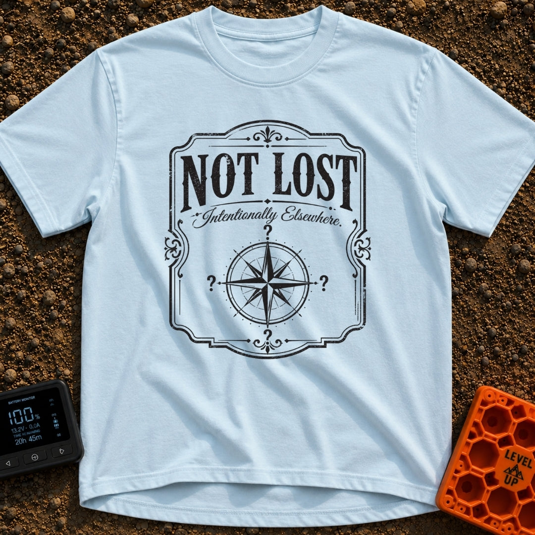 Elsewhere On Purpose - T-Shirt in Chambray - A black and white distressed graphic featuring an ornate border, with bold...