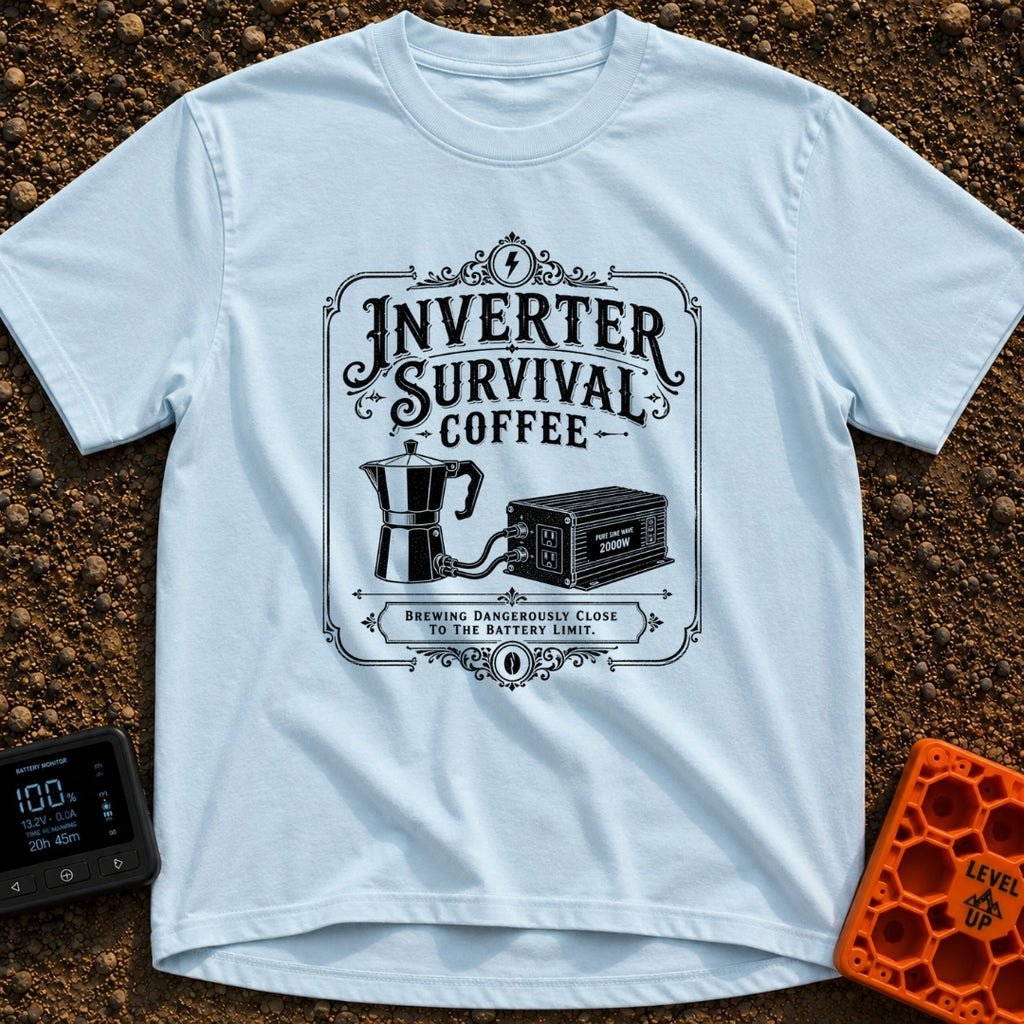 Inverter Life Support - T-Shirt in Chambray - A black and white vintage-style typographic design featuring the text...