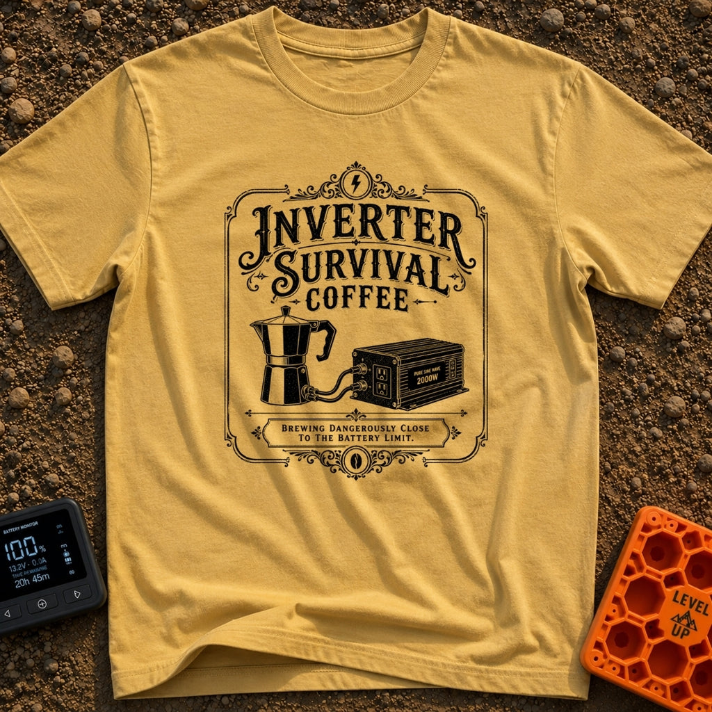 Inverter Life Support - T-Shirt in Mustard - A black and white vintage-style typographic design featuring the text...