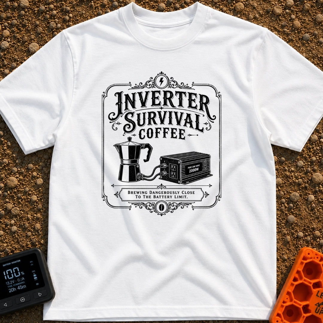 Inverter Life Support - T-Shirt in White - A black and white vintage-style typographic design featuring the text...