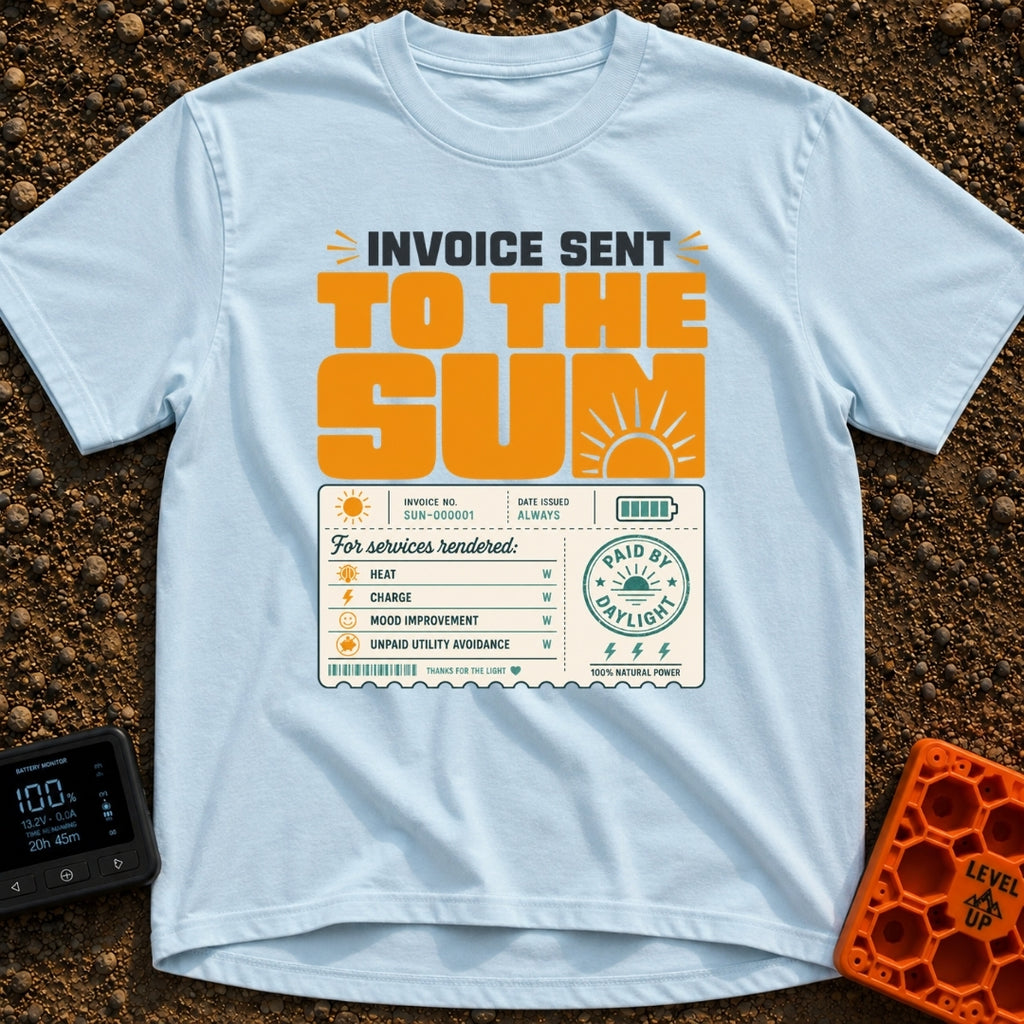 Solar Bill Relief - T-Shirt in Chambray - A graphic design featuring the large text 'INVOICE SENT TO THE SUN' above a...