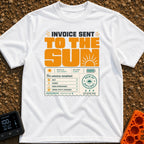 Solar Bill Relief - T-Shirt in White - A graphic design featuring the large text 'INVOICE SENT TO THE SUN' above a mock...