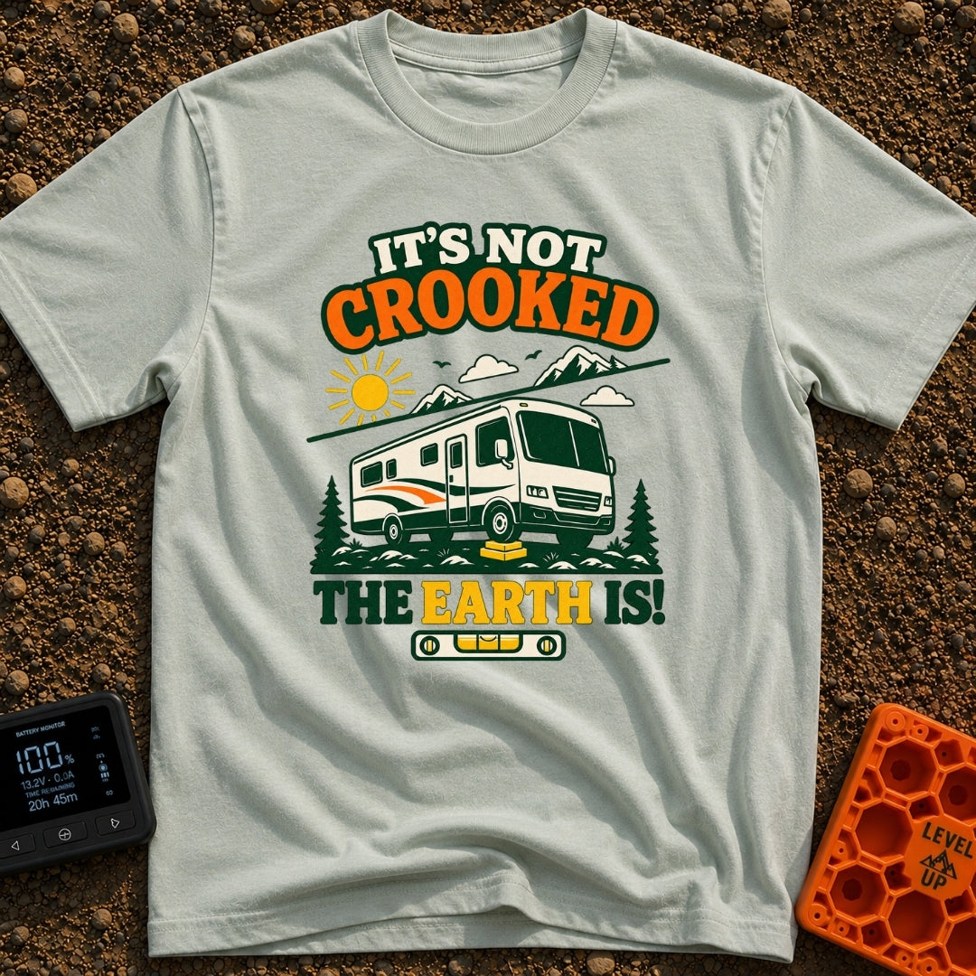 The Earth Is Crooked - T-Shirt in Bay - An illustration of a large motorhome parked in nature with its front tire resting...