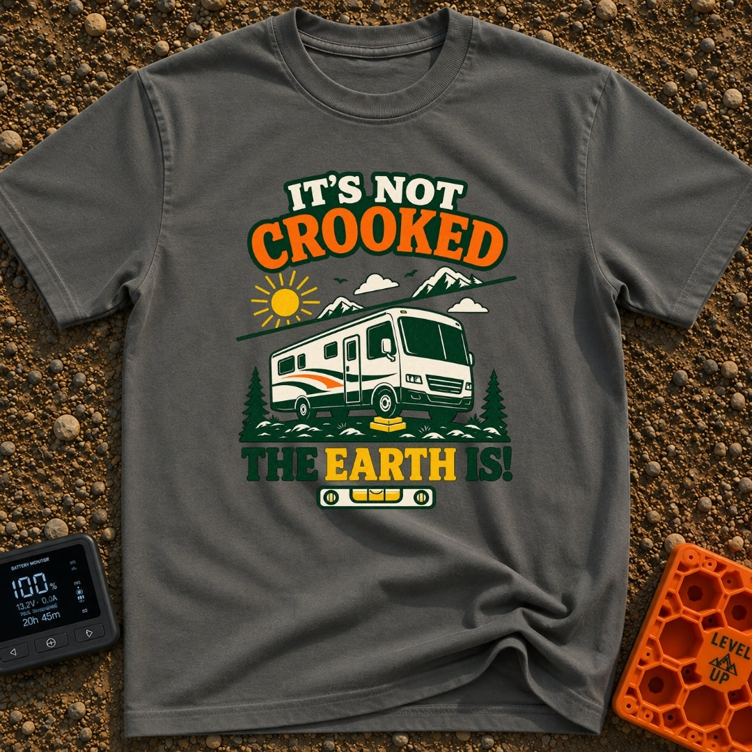 The Earth Is Crooked - T-Shirt in Pepper - An illustration of a large motorhome parked in nature with its front tire...