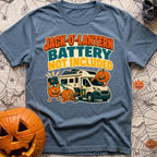 Lantern Battery Not Included - T-Shirt in Blue Jean - A white camper van with roof-mounted solar panels is surrounded by...