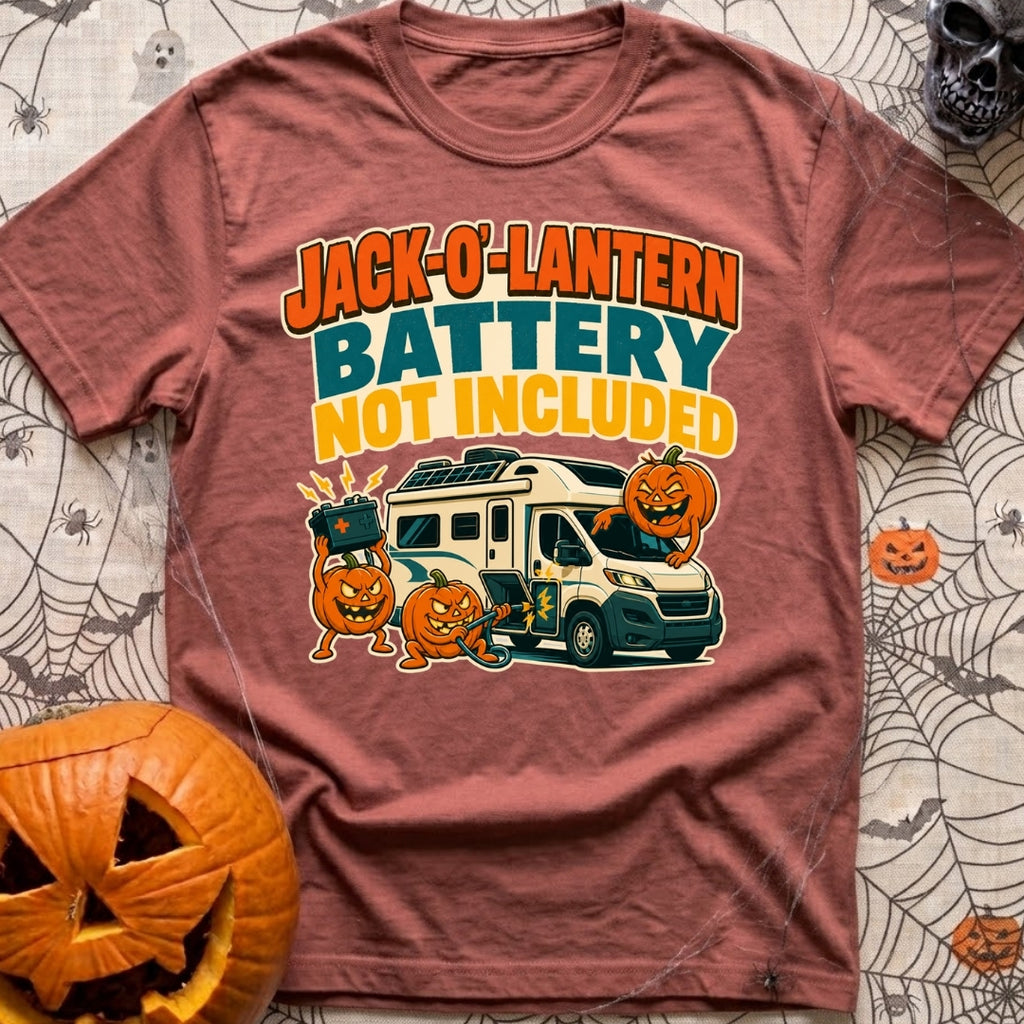 Lantern Battery Not Included - T-Shirt in Brick - A white camper van with roof-mounted solar panels is surrounded by...