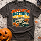Lantern Battery Not Included - T-Shirt in Graphite - A white camper van with roof-mounted solar panels is surrounded by...