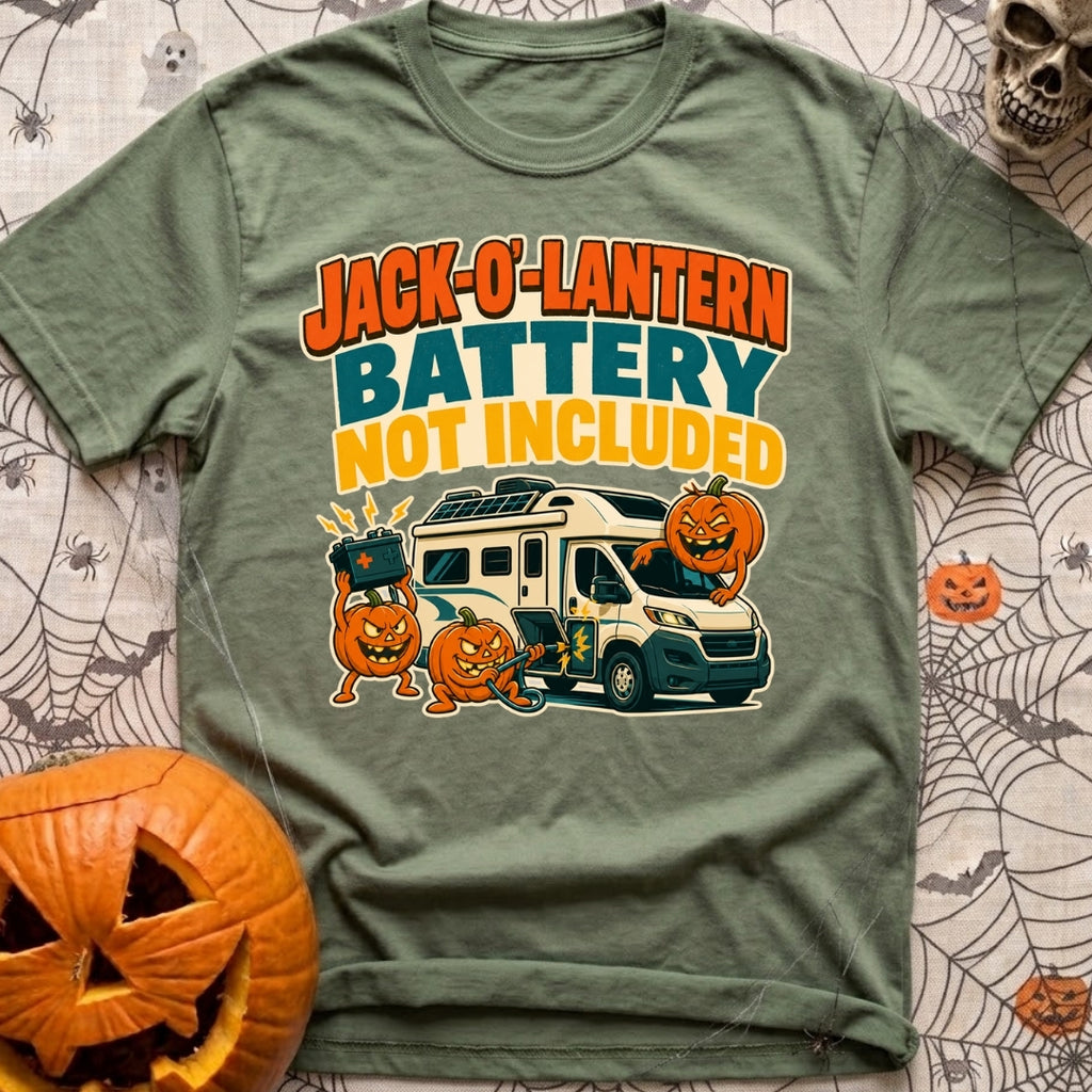 Lantern Battery Not Included - T-Shirt in Moss - A white camper van with roof-mounted solar panels is surrounded by three...