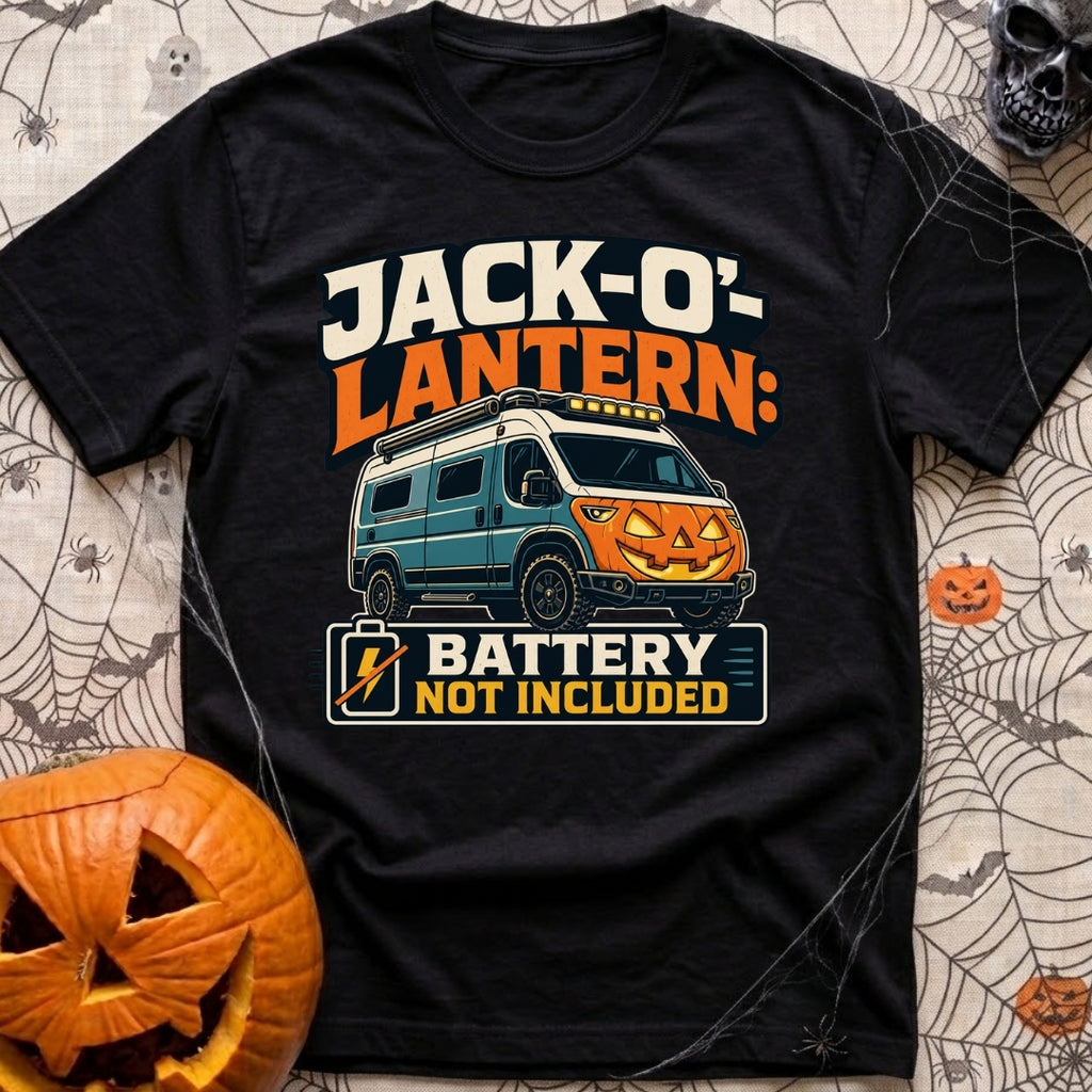 Battery Not Included - T-Shirt in Black - A graphic illustration of a blue camper van featuring a glowing orange...
