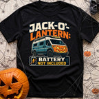 Battery Not Included - T-Shirt in Black - A graphic illustration of a blue camper van featuring a glowing orange...