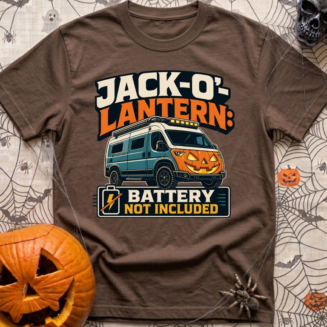 Battery Not Included - T-Shirt in Espresso - A graphic illustration of a blue camper van featuring a glowing orange...