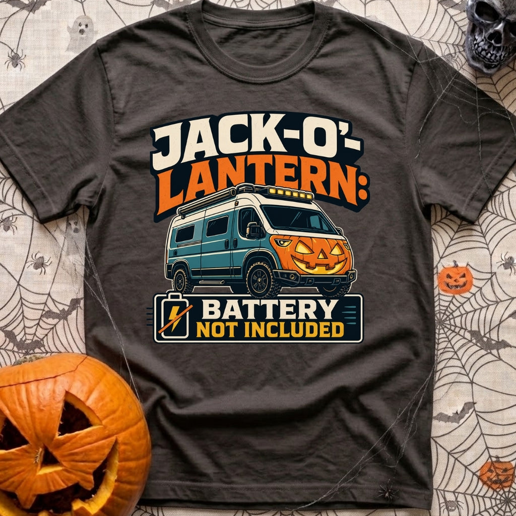 Battery Not Included - T-Shirt in Graphite - A graphic illustration of a blue camper van featuring a glowing orange...