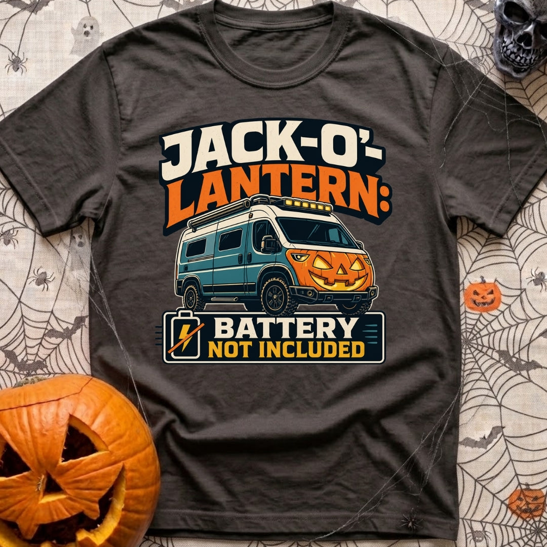 Battery Not Included - T-Shirt in Graphite - A graphic illustration of a blue camper van featuring a glowing orange...