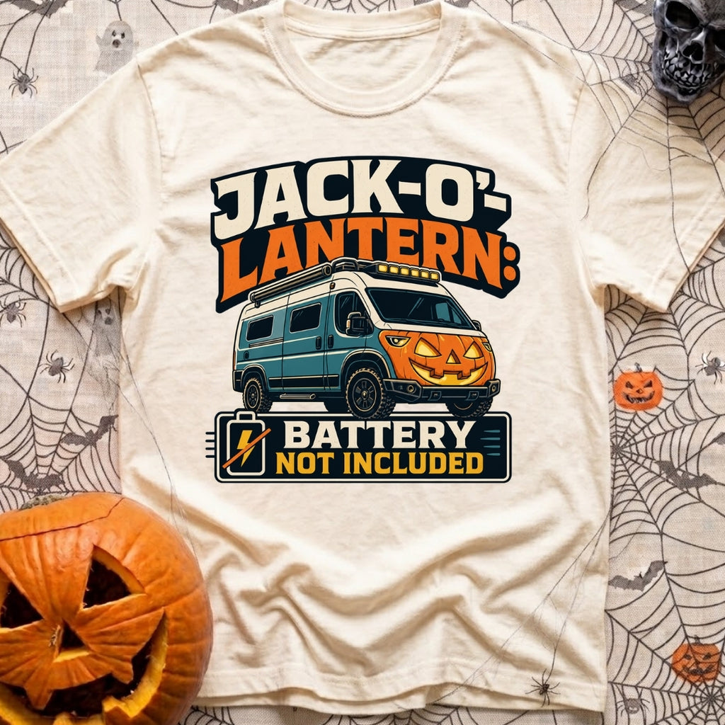 Battery Not Included - T-Shirt in Ivory - A graphic illustration of a blue camper van featuring a glowing orange...