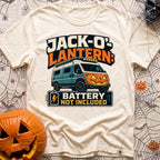 Battery Not Included - T-Shirt in Ivory - A graphic illustration of a blue camper van featuring a glowing orange...