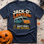 Battery Not Included - T-Shirt in Navy - A graphic illustration of a blue camper van featuring a glowing orange...