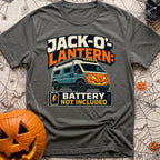 Battery Not Included - T-Shirt in Pepper - A graphic illustration of a blue camper van featuring a glowing orange...