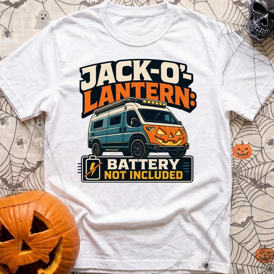 Battery Not Included - T-Shirt in White - A graphic illustration of a blue camper van featuring a glowing orange...