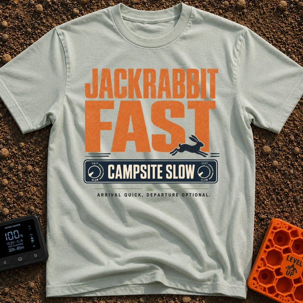 Jackrabbit Fast Camp Slow - T-Shirt in Bay - A typographic design featuring the large orange distressed text "JACKRABBIT...