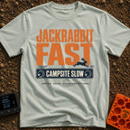 Jackrabbit Fast Camp Slow - T-Shirt in Bay - A typographic design featuring the large orange distressed text "JACKRABBIT...
