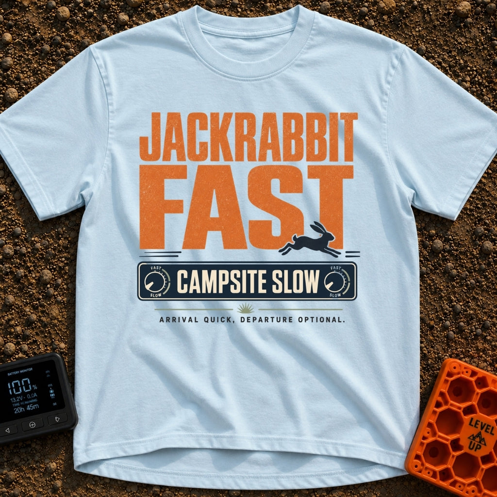 Jackrabbit Fast Camp Slow - T-Shirt in Chambray - A typographic design featuring the large orange distressed text...