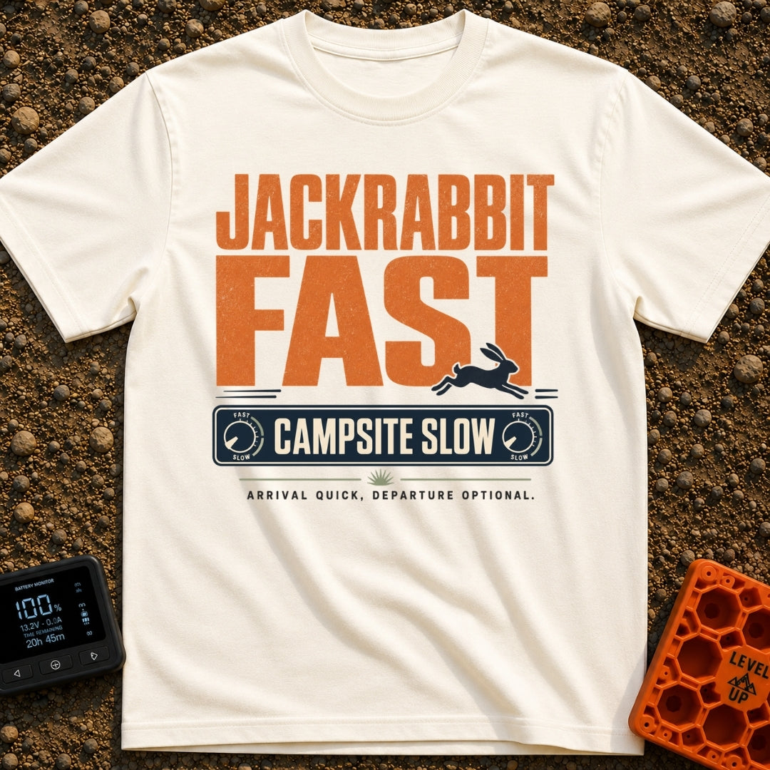 Jackrabbit Fast Camp Slow - T-Shirt in Ivory - A typographic design featuring the large orange distressed text...